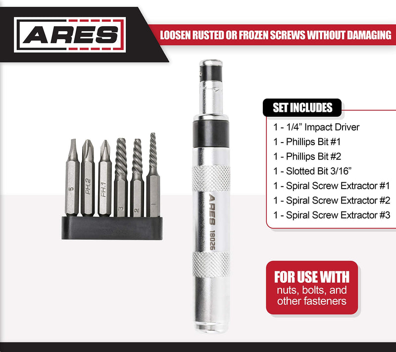 ARES 18026-1/4-Inch Drive Manual Reversible Impact Driver - Includes 6-Piece Flathead, Phillips, and Spiral Screw Extractor Bit Set - Disengage Rusted Fasteners or Frozen Bolts - Compact Design 1/4" Reversible Impact Driver