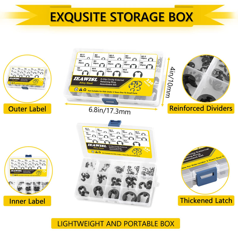 External Retaining Rings, 330PCS Alloy Steel Retaining Rings E-Clip Assortment Set-M1.5 M2 M2.5 M3 M3.5 M4 M5 M6 M7 M8 M9 M10 M12 M15 E-Clips Retainer Circlip Rings for Bearings, Gears, Pulleys, Axles Black Alloy 330PCS E-Clips