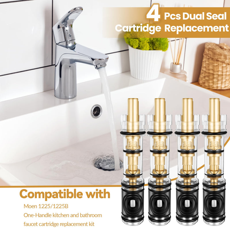 4 Pack 1225 Replacement Cartridge Compatible with Moen Single Handle Faucet/Showers, Dual Seal 1225/1225B Shower Cartridge Replacement Fits Bathroom Shower and Kitchen Sink Faucet Cartridge