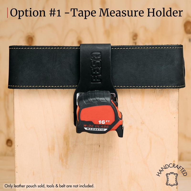 FESA Leather Tape Measure Holder - Top Grain Leather Measuring Tape Holder or Drill Holder for Tool Belt w/Steel Clip & Reinforced Heavy Duty Rivets - Fits Belts up to 3" - Handcrafted Black