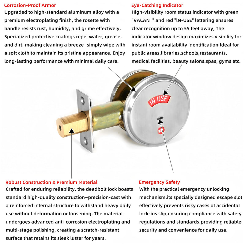Stainless Steel Silver Indicator Deadbolt Privacy Door Lock Commercial Grade-2 60/70MM Backset Clear IN-USE Or VACANT For Public Restrooms Toilets Hospitals Offices (Stainless Steel Silver) Stainless Steel Silver