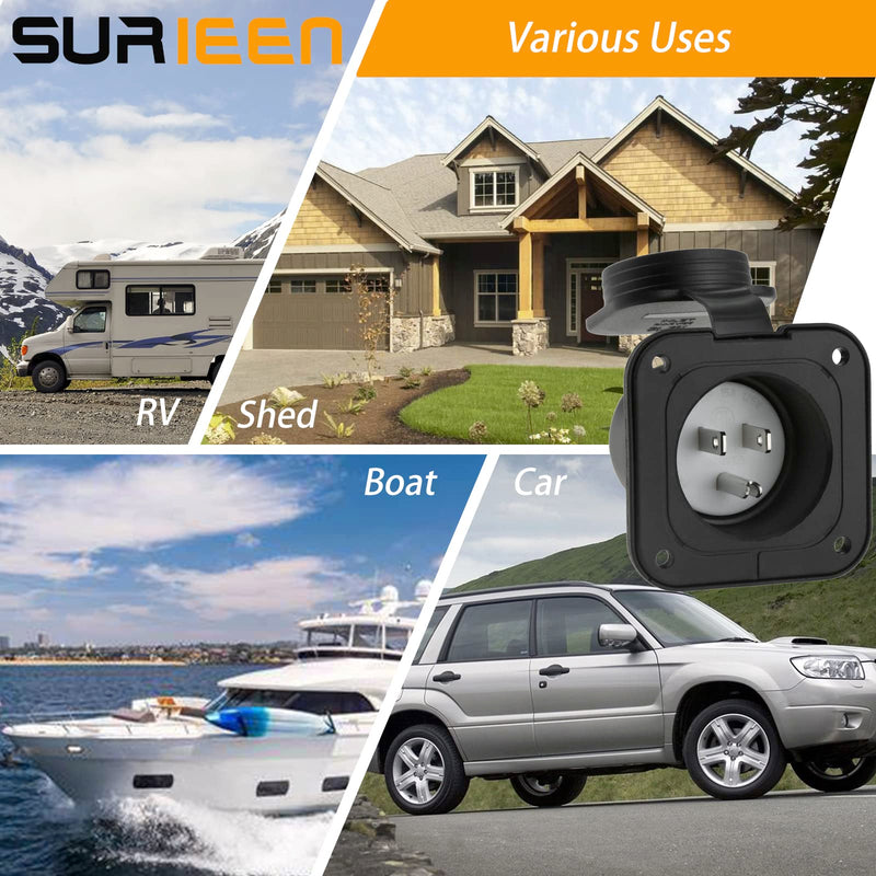 15 Amp Flanged Inlet, 125V NEMA 5-15P Shore Power Inlet Receptacle, AC Port Plug with Waterproof Cover Recessed Male Outlet, 2 Pole 3-Wire Straight Blade Electric Plug for RV Trailer Shed Block Heater