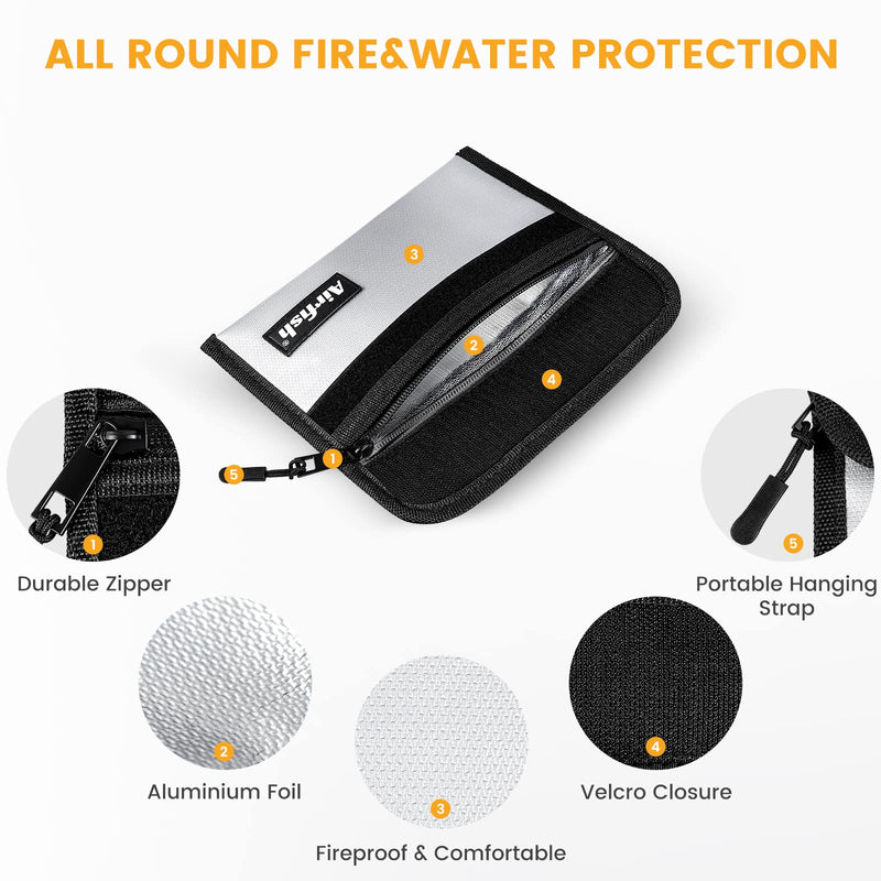 Airfish 2 Pack Fireproof Money Bag, 8 x 5 Inches Fireproof Wallet, Small Fireproof Document Bag, Fireproof Envelope with Zipper, Waterproof Safe Bag Set for Valuables, Jewelry, Cash, Passport, Invoice ef of 2 pk Balck and Silver