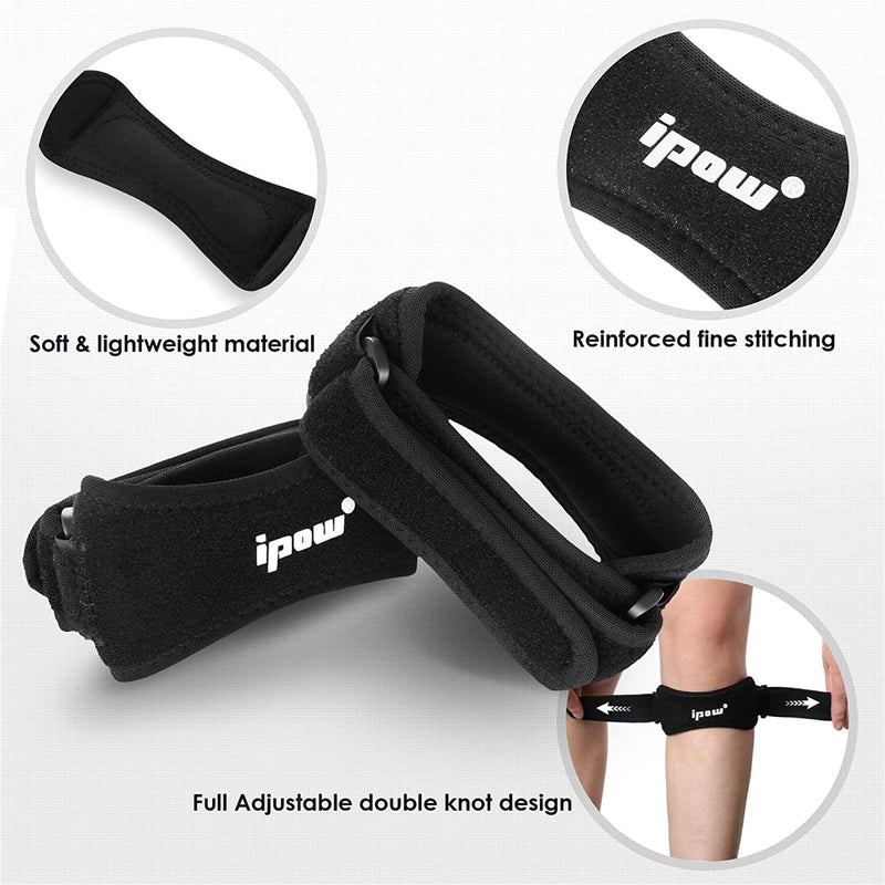 IPOW 2 Pack Knee Pain Relief & Patella Stabilizer Knee Strap Brace Support for Hiking, Soccer, Basketball, Running, Jumpers Knee, Tennis, Tendonitis, Volleyball & Squats, Black One Size