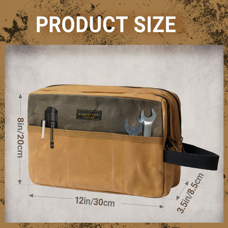 Small Tool Bag Waxed Canvas with Zipper Closure, Dual Compartments with 3 External Pockets, Handle & Adjustable Shoulder Strap 2-in-1 Convertible Pouch for Tool Organizers and Storage, Khaki
