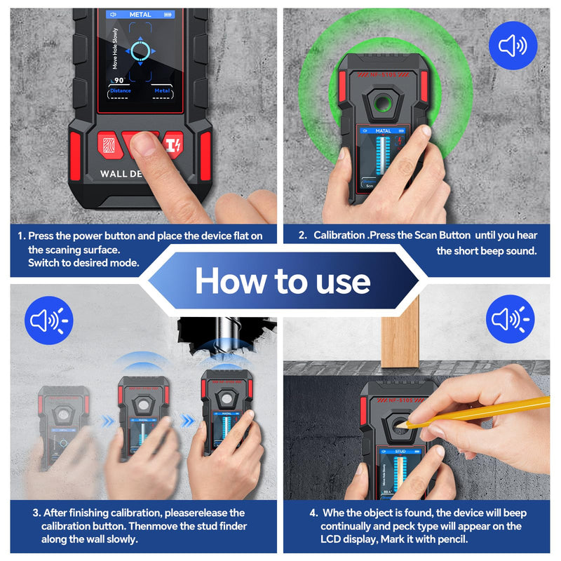 NOYAFA Stud Finder Wall Scanner - 6 in 1 Rechargeable Electronic Wall Detector with HD LCD Display and Audio Alarm,Positioning Hole for Accurate Positioning of Wood,Metal Studs, AC Wires,Joists,Pipes