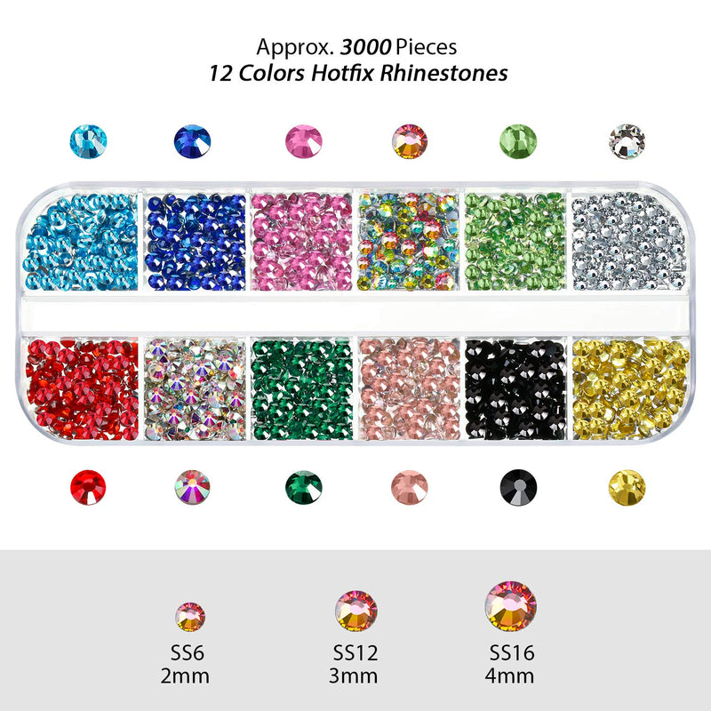 9000 Pieces Hotfix Rhinestone 3 Sizes 12 Colors Flatback Round Glass Gemstone Crystal Iron On Rhinestones Glass Stones with Tweezers and 1 Picking Pen for DIY Manicure, Face Art Clothes Bags SS6~SS16