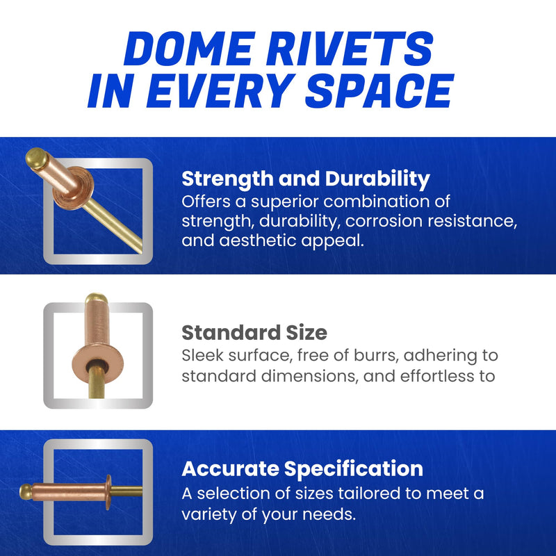 Fastenere Copper Pop Rivets - 1/8" x 3/8" (100 Pack) Copper Body Brass Mandrel, Heavy Duty, Open-End, Dome-Head Blind Rivets, Corrosion-Resistant & High Shear Strength, 4-4 Gap .188" - .250" 1/8" x 3/8" (100 pack)
