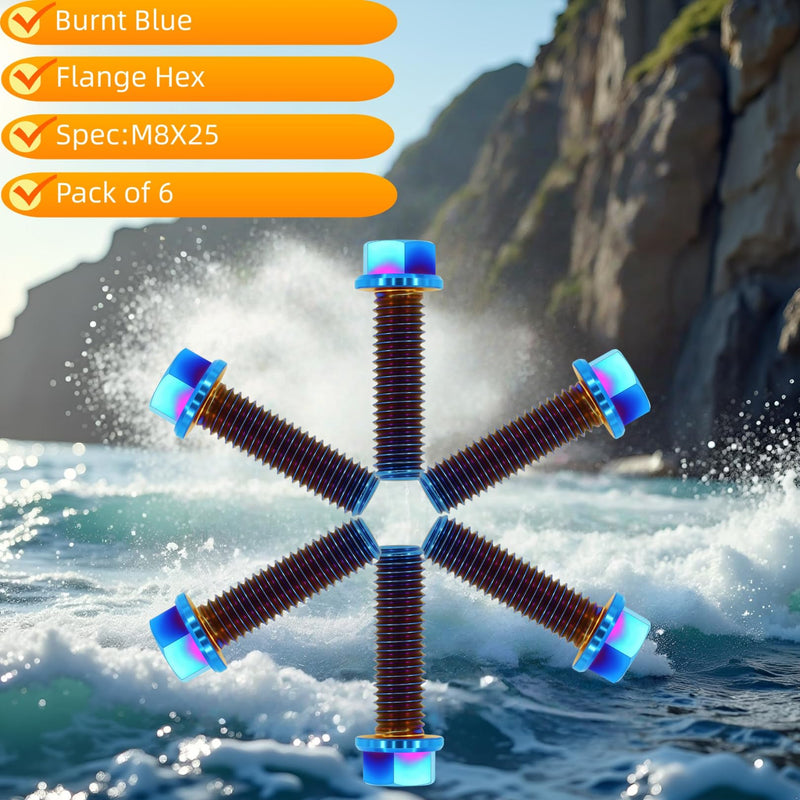 6PC Titanium Flange Hex Bolts M8X25mm, Lightweight Design, Ideal for Humid/Salty Environments, Flanged Screws for Automotive & Motorcycle Components Upgrade, Burnt Blue M8X25