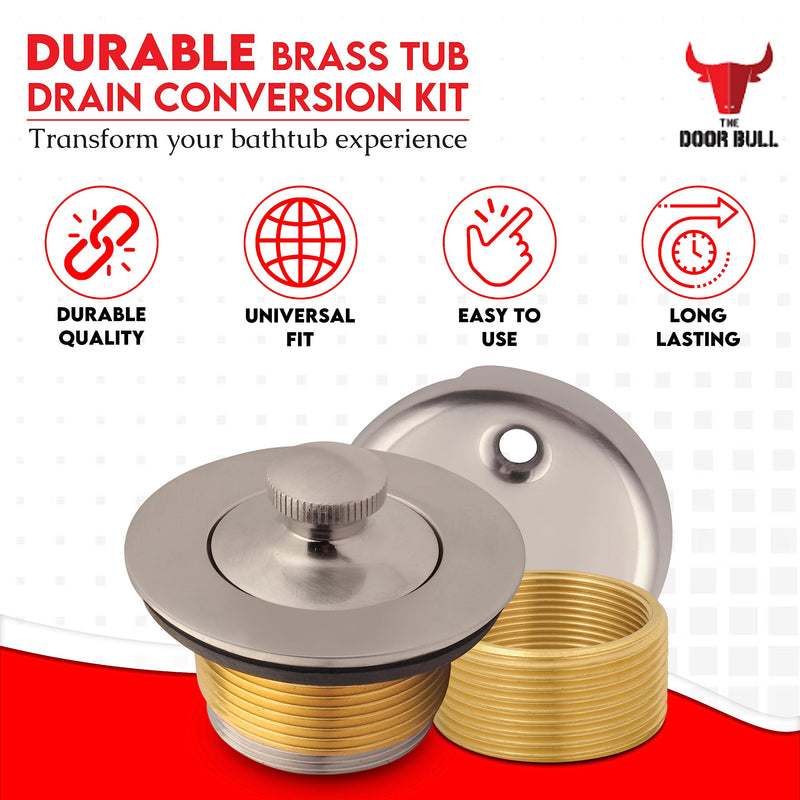 All-Brass Lift and Turn Bathtub Drain Kit – Includes Universal Fine/Coarse Thread Stopper & Two-Hole Overflow Faceplate – Complete Tub Drain Trim Set (Brushed Nickel) Brushed Nickel