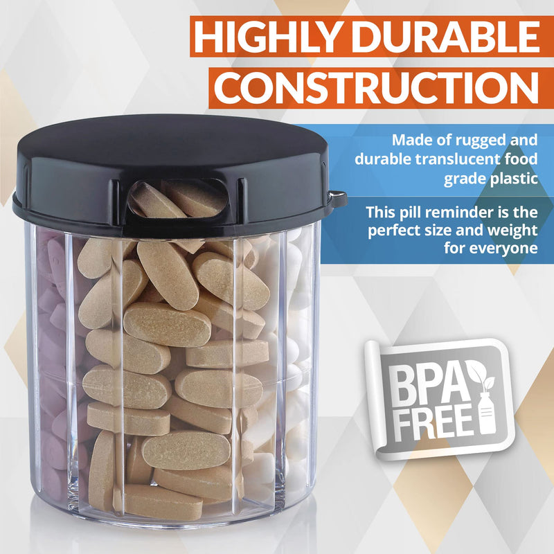 Round Pill Organizer Dispenser - Pack of 2 - Pill Boxes with 4 Compartments for Medication, Vitamins & Supplements Bottle Daily Pill Case Reminder Box, (Black and Clear) 2 Count (Pack of 1) Black & Clear