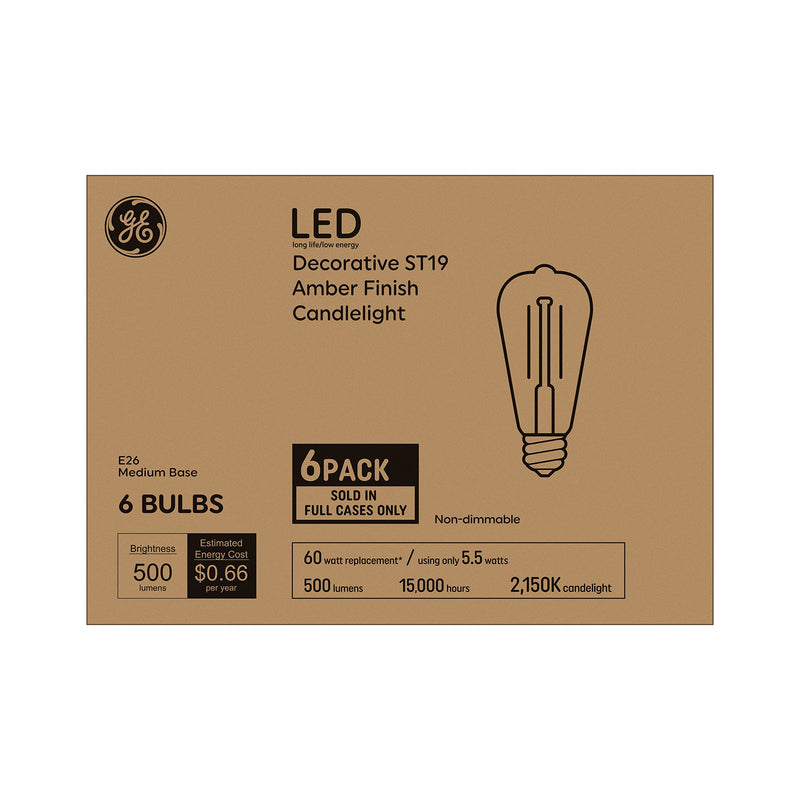 GE Vintage Style LED Light Bulbs, 60 Watt, Amber Finish, ST19 Edison Style Bulbs (6 Pack) 25 Watt 1 Count (Pack of 1)