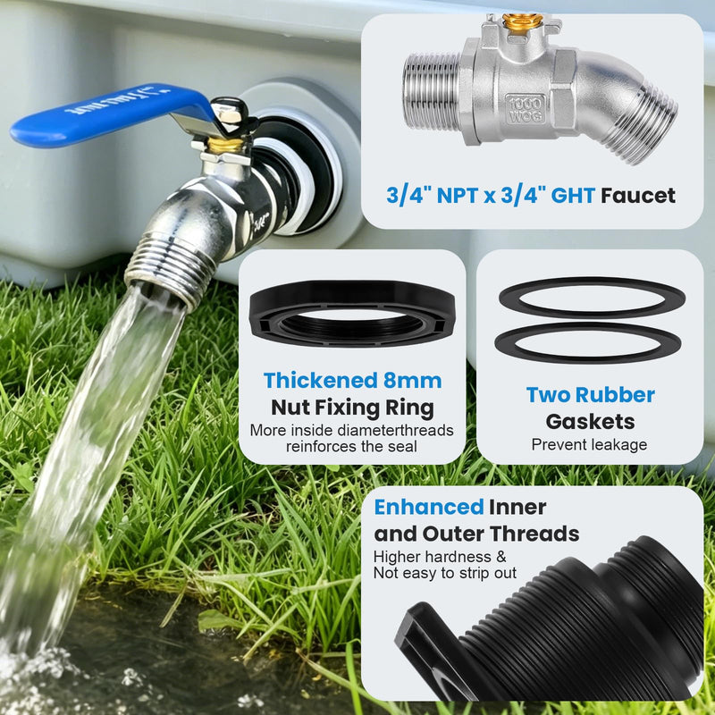 Stock Tank Drain Plug Kit for rubbermaid Commercial 50 70 100 150 300 Gallon Stock Tanks with 3/4" NPT ×3/4" GHT Stainless Hose Faucet Garden Hose Connector