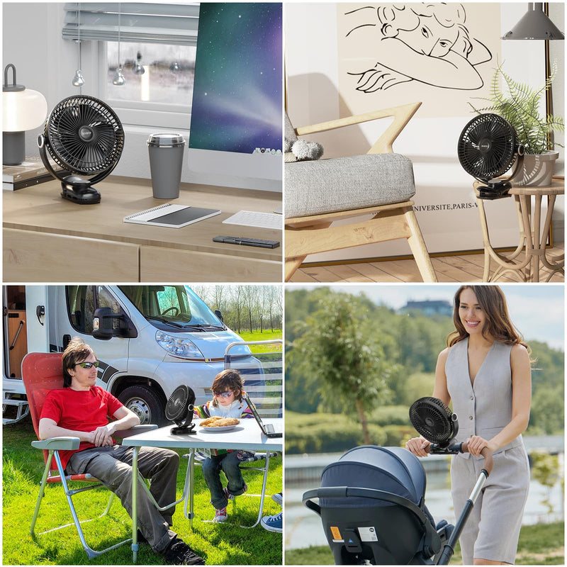 12000mAh Clip on Fan 30H Longest Runtime, 8in Portable Fan Rechargeable, Ultra Quiet with Heavy-Duty Clamp, USB Desk Fans for Golf Cart,Office Desk, Treadmill, Camping, Bedroom Classic Black