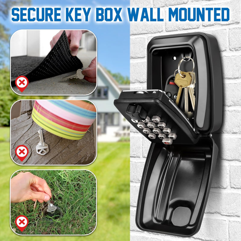Key Lock Box Wall Mounted Key Storage Box Waterproof 12 Digit Combination Security Lock Box Large Capacity Resettable Code Key Safe with Weatherproof Cover for Home Garage Office School Black
