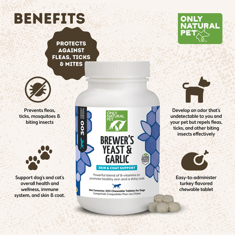Only Natural Pet Brewer's Yeast & Garlic Chewables - All-Natural Flea & Tick Prevention for Dogs - Fortified with B Vitamins - Promotes Healthy Skin & Coat - 300 Count Tablet (Single) 1 Bottle