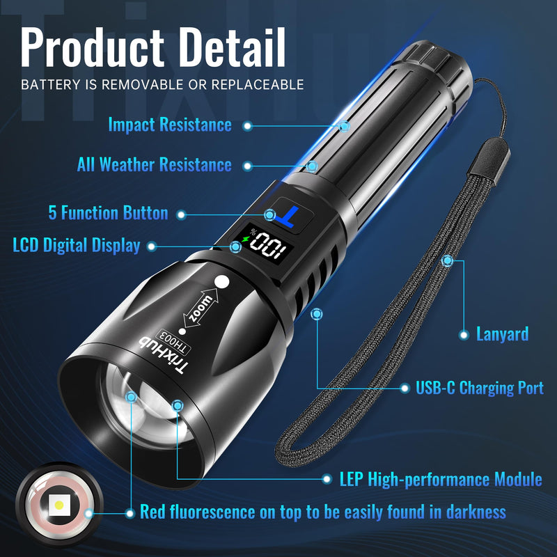 Rechargeable Flashlights High Lumens 2Pack, 5Mode Flash Light with LCD Digital Display, Super Bright Flashlight Adjustable Tactical Flashlight, High Powered LED Handheld Flashlight for Home 2 Pack