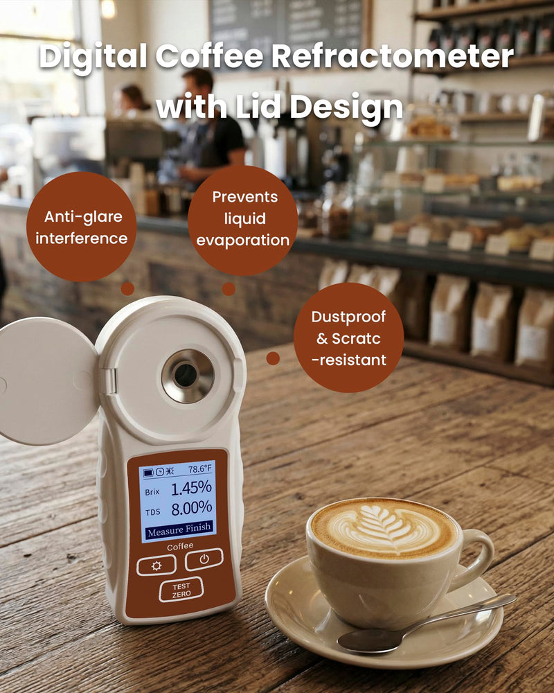 Professional Coffee Refractometer with ATC for Coffee Enthusiasts | Measure Coffee TDS & Brix, One-tap Calibration, Anti-Glare Interference, Rechargeable, Backlight, ℉/℃ Switch (0-22%, 0.2%) Brown