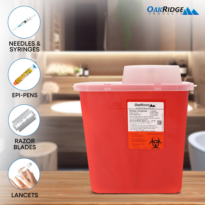Oakridge Products Large Sharps Container for Home Use and Professional 2 Gallon (1-Pack) with Chimney Top, Biohazard Needle and Syringe Disposal, CDC Certified 1