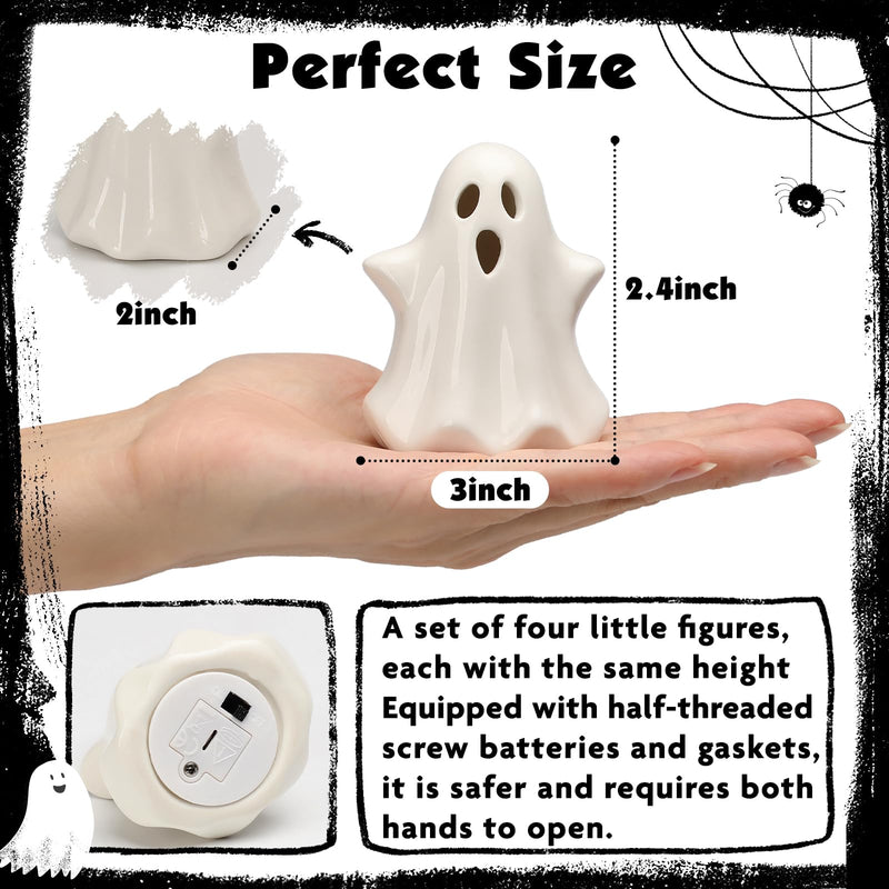 KORMMCO 4PCS Ceramic Ghost Light Up Decor, Cute Ghost Halloween Decor, Small White Ghost Figurine Led Ghost Figurines for Desk Tabletop Centerpieces，Halloween Decoration Indoor