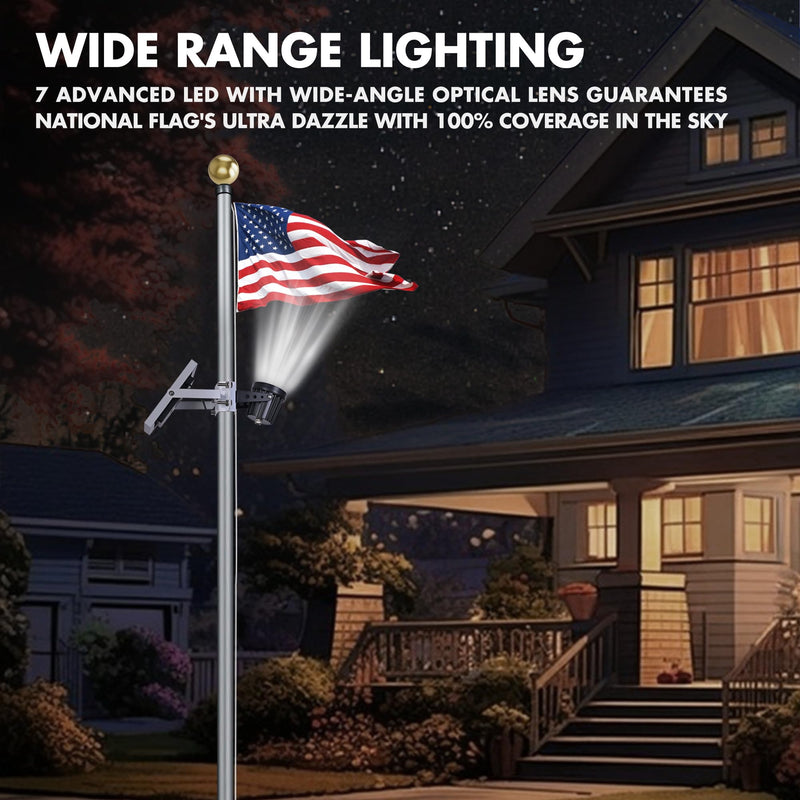 PPQ Solar Flag Pole Light,New 7 LED Bright Solar Powered Spotlight 12H/5W Outdoor Waterproof, Fits 1.6"-3.2" Flagpoles & Inground & Wall, Dusk to Dawn Auto On/Off(6000K White) 7 LED 5000mAh 5W