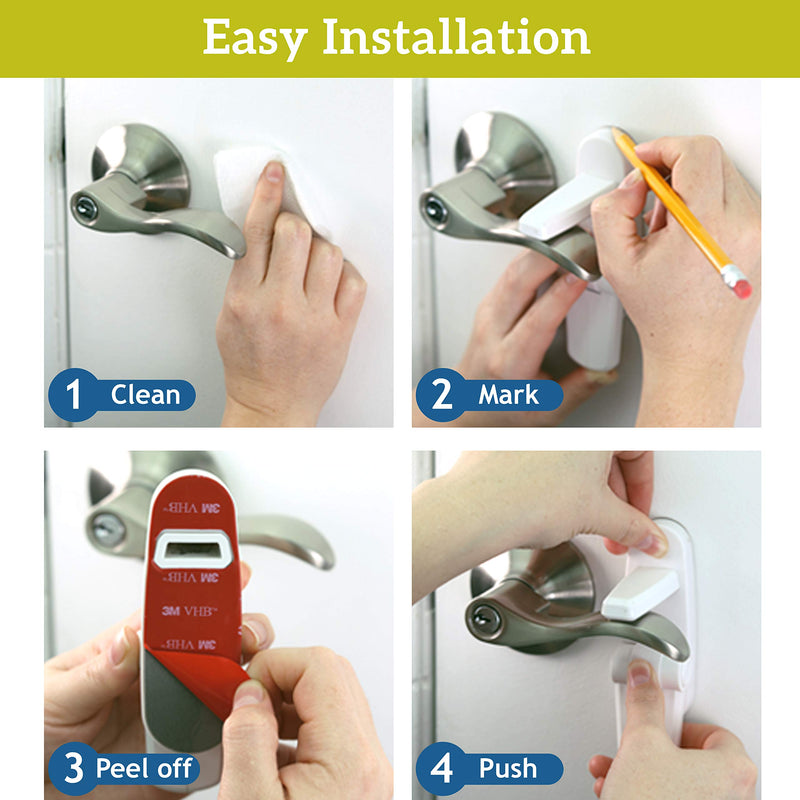 Door Lever Lock (3 Pack) Prevents Toddlers from Opening Doors. 3.25" L * 1.5" W * 4.5" H Easy One Hand Operation for Adults. Durable ABS with 3M Adhesive Backing. Simple Install, No Tools Needed. White