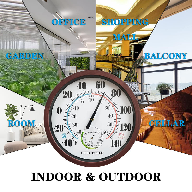 Indoor Outdoor Thermometer Large Numbers 12 Inch Wall Weather Thermometer Hanging Garden Decor Hygrometer No Battery Needed (Brown) Brown 12“