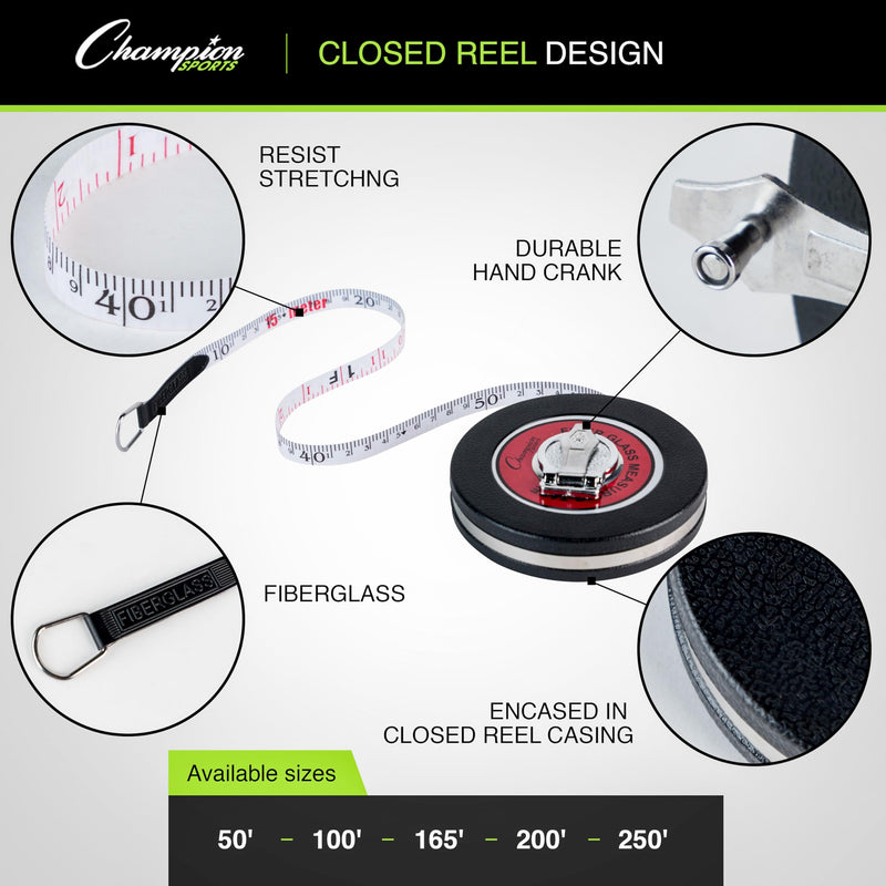 Champion Sports Closed Reel Measure Tape - Sturdy Measuring Tapes with Hand Crank for Track and Field, Long Jump, Landscaping - Multiple Styles 100' / 30 Meter Multi