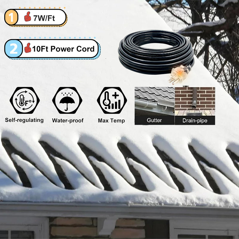 MAXKOSKO Self-regulating Pipe Heat Cable for Pipe Freeze Protection, Roof Gutter Snow Melting De-Icing Heating Cable for Ice Dam Prevention with 10 ft Power Cold, 7 w/Ft, 120 V, 35 Ft 35 Feet