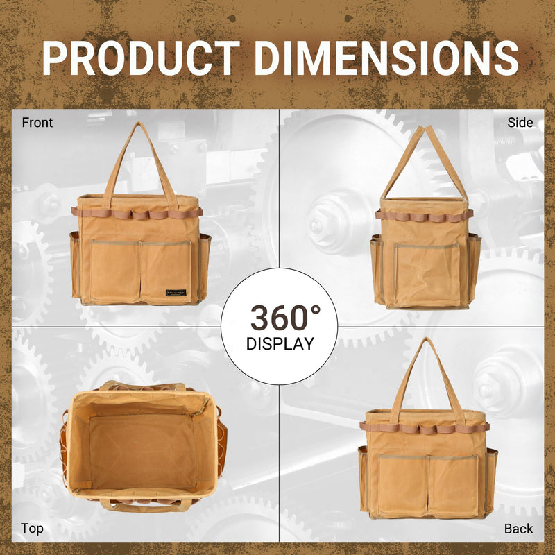 Water Resistant Gardening Tool Bag with Handles - 6 Pockets Utility Self-Standing Organizer for Camping/Garden/Car Storage, 14" x 13" x 10" | Khaki