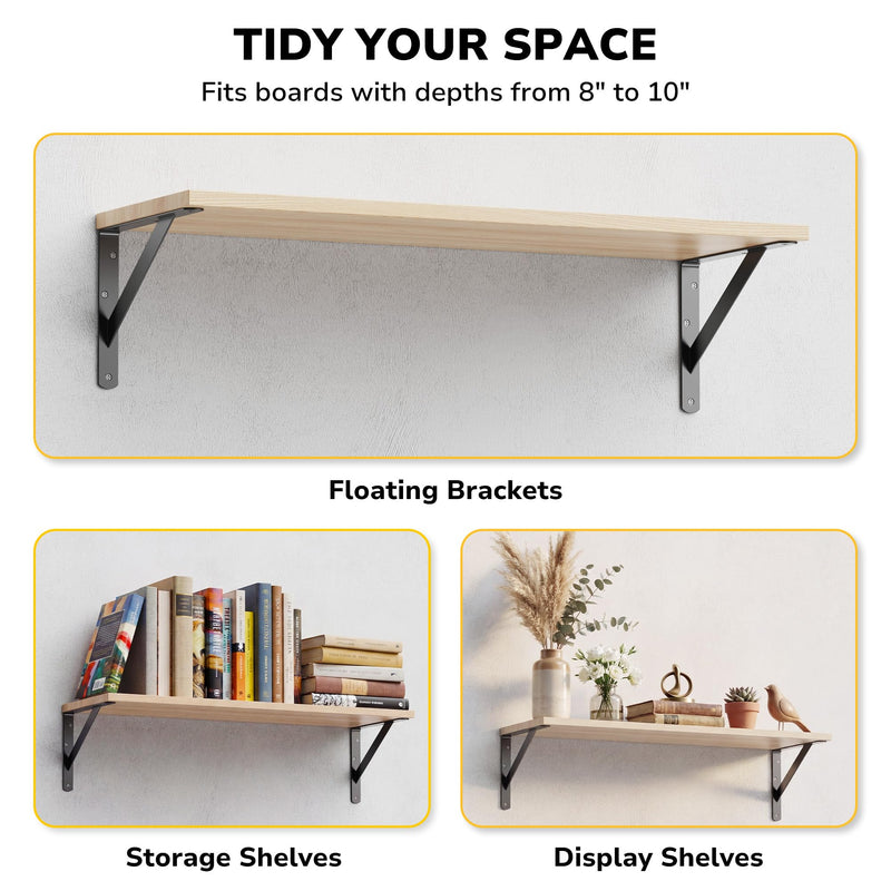 12 Pack 8 Inch Heavy Duty Shelf Bracket, Wall Shelf L Brackets for Floating Shelves, 250 LBS Max Load, Mounting Hardware Include, Black 8 Inch x 6 Inch 12