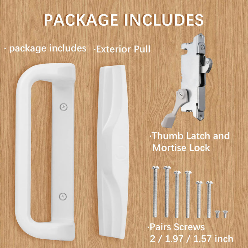 White Patio Door Handle Set with Mortise, Suitable for Replacement Doors Lock 3-15/16”Screw Hole Spacing.Choices That Add a Unique to Your Patio Glass Sliding Door. White