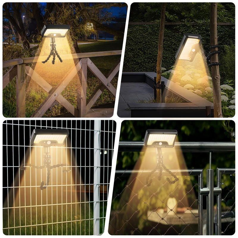 Solar Motion Lights Outdoor with Flexible Octopus Tripod, USB & Solar Powered Motion Sensor Lights with 92 LEDs(600LM,3000K), IP65 Waterproof Motion Activated Light for Fence, Camping, Gutter(2 Pack) Black/Warm Yellow（3000K） 2 Pack/Octopus Tripod