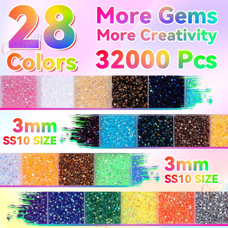 32000Pcs 3MM Colors Flatback Rhinestones for Bedazzling, Jelly Resin Crystal Rhinestones Gems, Colorful Gems Bedazzling for Crafting DIY Face Makeup Crafts Tumblers 3mm Jelly