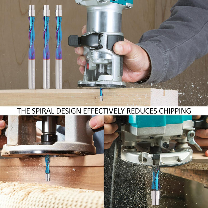 Spiral Flush Trim Router Bit, 1/4 Inch Shank Up Cut Spiral Router Bits , 1-1/8 Inch Cutting Length Solid Carbide CNC Trim Bits with Nano Coating for Woodwork Trimming (2PCS) 2 UpCut