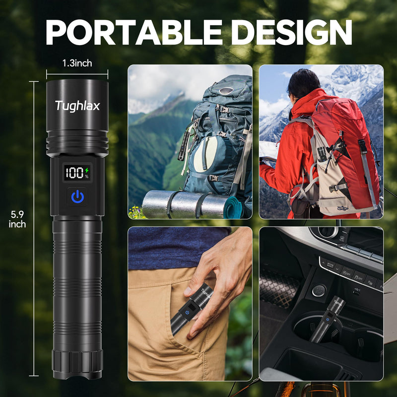 3Pack Rechargeable Flashlights High Lumens, Super Bright Flashlight with LCD Digital Display, 5 Modes Adjustable LED Flashlight Tactical Flashlights High Powered, Flash Lights for Emergency