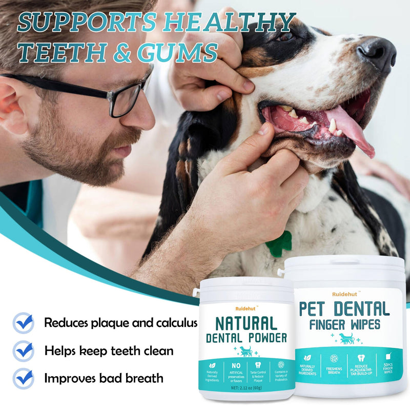 Rruidehut Natural Dental Powder and Dental Finger Wipes, Dental Powder Contains Probiotics that Solve Bad Breath Through Internal Digestion, Finger Wipes Remove Plaque and Tartar from The Surface.