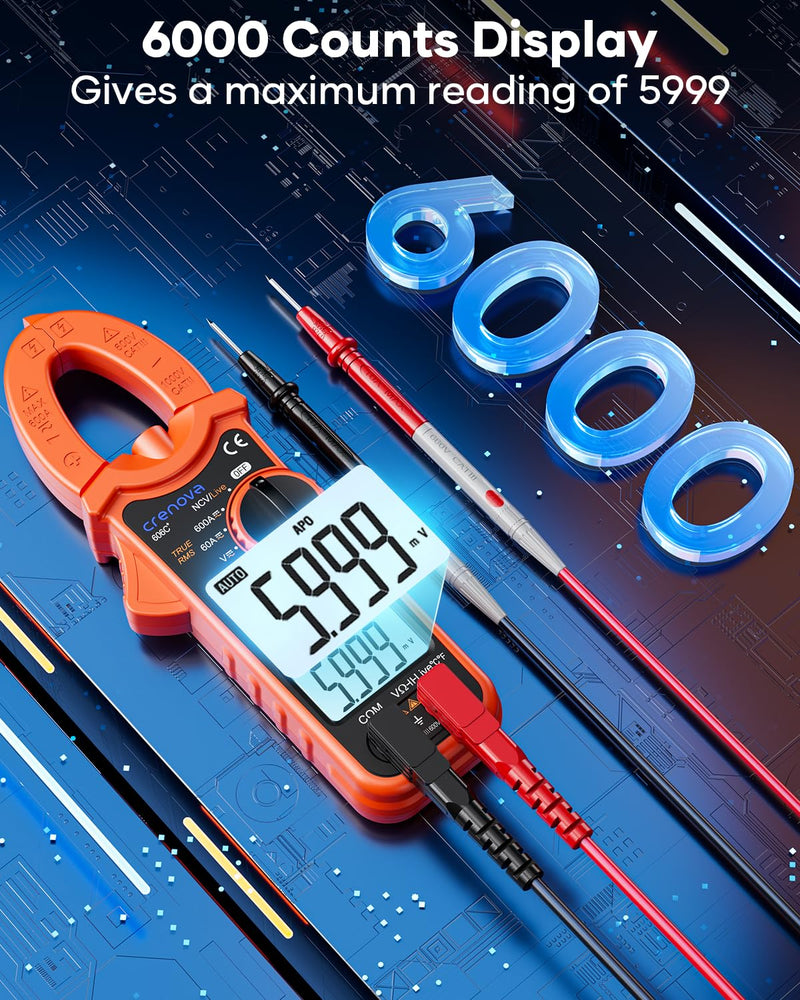 Crenova Digital Clamp Meter, TRMS Clamp Multimeter, 6000 Counts Amp Tester for AC/DC Current/Voltage, Resistance, Capacitance, Frequency, Duty Cycle, Temperature Continuity, Diode, NCV, Live Wire Test