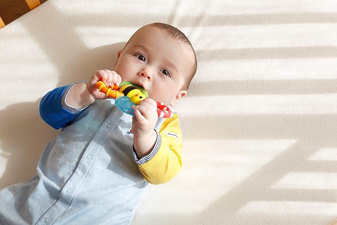 Sassy TYSA80679 Tooth Hardening Rattle for 3 Months Old and Up, Various Tactile Sensations, Bumble Bite Fan - NewNest Australia