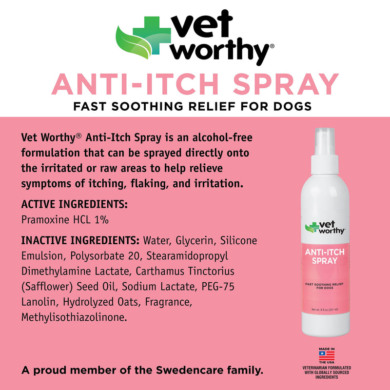 Vet Worthy Anti Itch Spray for Dogs - Alcohol-free Pet Allergy Spray for Hot Spots, Dry Skin & Irritated Skin - Fast Acting Itch Relief for Dogs to Help with Flaking and Redness - Vet-Formulated - 8oz