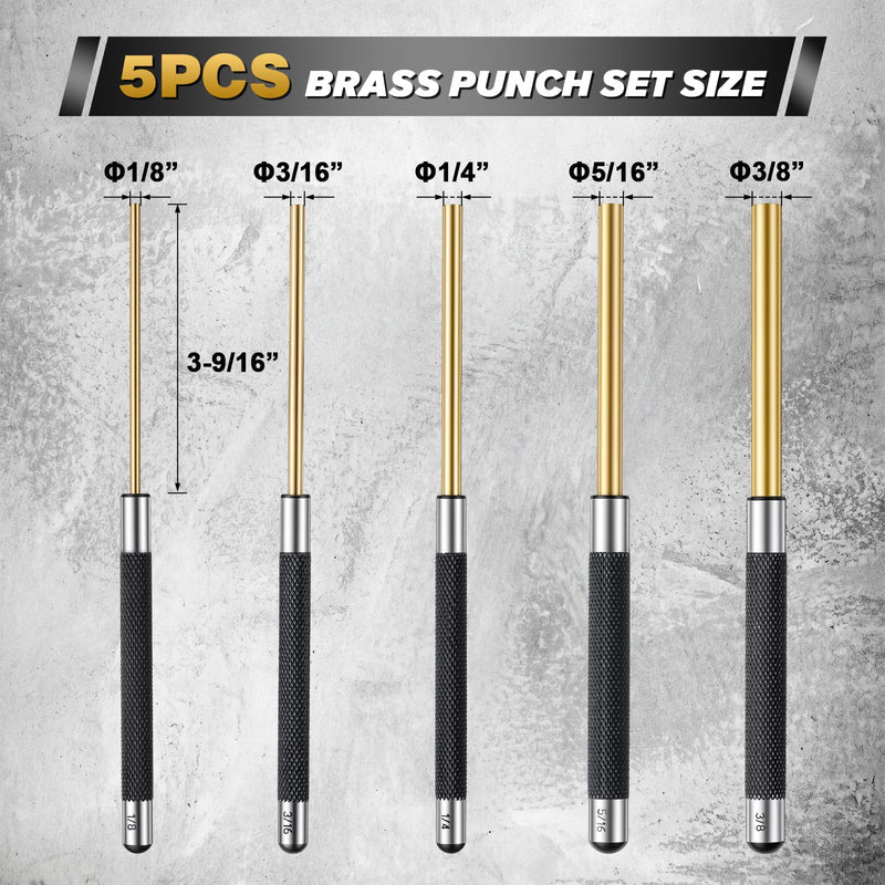 5 Pcs Brass Punch Set 1/8" 3/16" 1/4" 5/16" 3/8" Precision Brass Drift Non-marring Roll Pin Punch Set & Storage Bag for DIY Automotive Gunsmithing Mechanical 1/8" 3/16" 1/4" 5/16" 3/8" No Hammer
