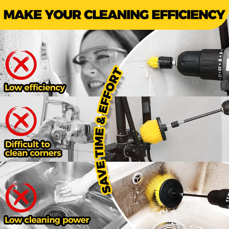 Holikme 9Pack Drill Brush ，All Purpose Drill Brush with Extend Attachment for Bathroom Surfaces, Grout, Floor, Tub, Shower, Tile, Kitchen and Car，Corner,Masonry Brushes，Yellow Yellow