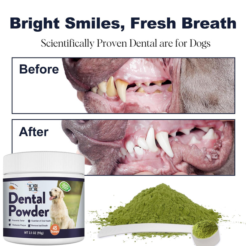 Dog Breath Freshener Dental Powder–Teeth Cleaning Powder for Dogs with Probiotics & Herbs–Plaque & Tartar Remover, Fresh Breath Remedy & Oral Care-Chicken Flavor-45 Scoops (Pack of 1)