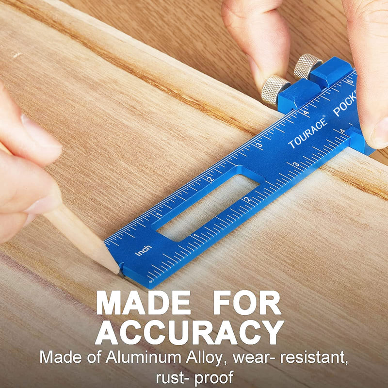 Aluminum Woodworking Rulers with Slide Stop (3 Pcs) Precision Pocket Ruler Metal T Track Ruler, Square Ruler Inch and Metric Marking Measuring Scribing Ruler TT081