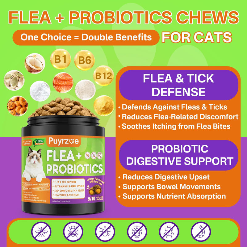 Puyrzoe Flea and Tick Prevention for Cats, Flea Treatment for Cats, Itch Relief, Skin & Coat Care, 500 Cat Flea Chews with 6-Strain Probiotics, Gut & Immune Health, Chicken Flavor, All Breeds & Ages