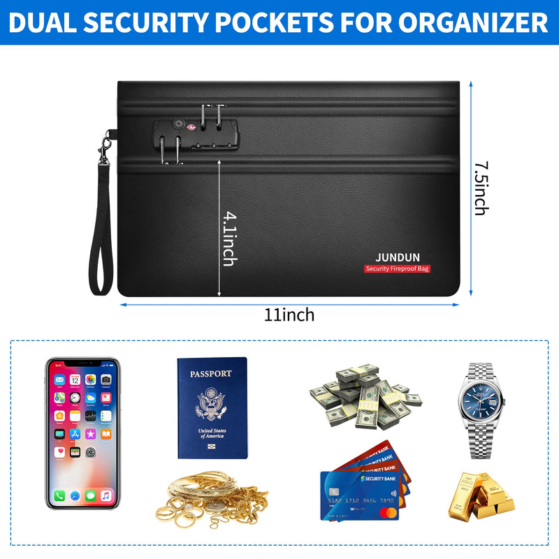 JUNDUN Fireproof Money Bag with Lock(11" x 7.5"), 6400℉ Fireproof Bag for Cash with 12 Layers Heat Insulated, Dual Zipper Fire Safe Pouch for Important Valuables with Passports, Jewellery Black 11" x 7.5"