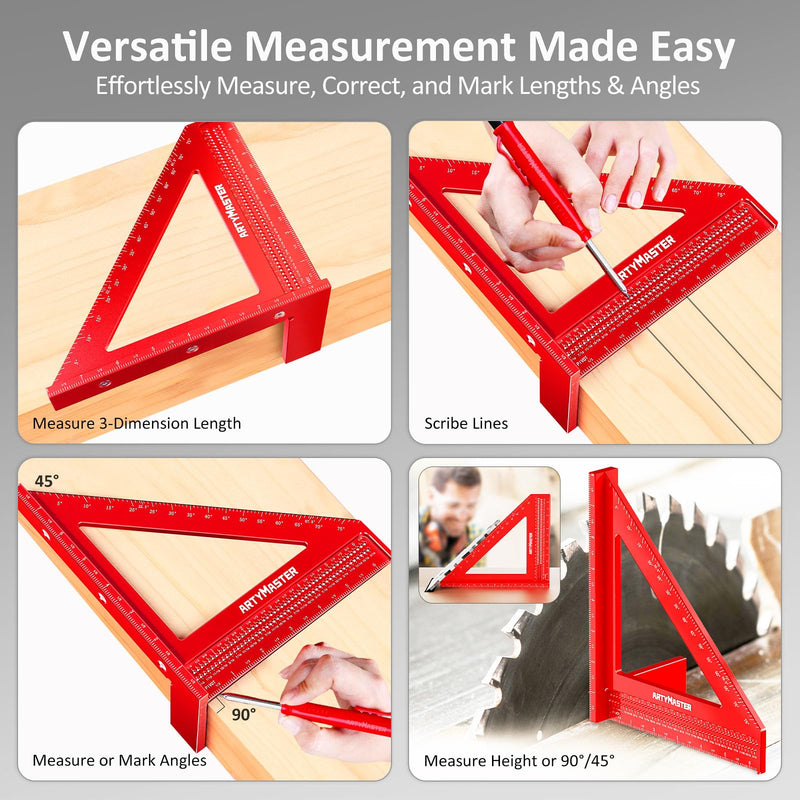 8 inch 3D Multi-Angle Measuring Square Ruler, WT103B High Precision Hole Scribing Woodworking Tools, 0-90° Aluminum Alloy Carpenter Square Wood Working Tools, Carpenter Pencils 6 Refills. 8 inch Square