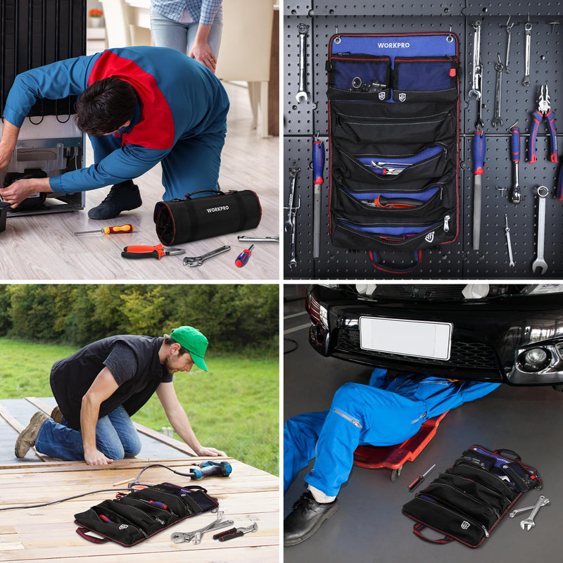 WORKPRO Roll Up Tool Bag, Tool Roll Up Bag with Detachable Tool Pouches, Heavy Duty Tool Bag Organizer with 6 Pockets, Tool Roll Organizer for Mechanic, Electrician, Plumber and Carpenter Black