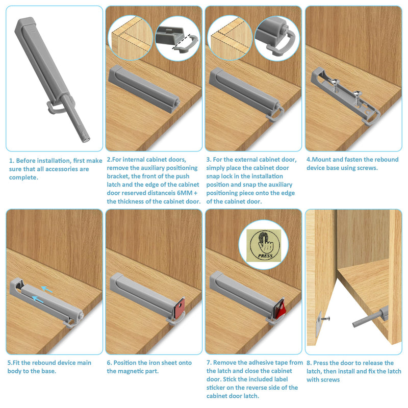 Push to Open Door Latch, 2 Pack Strong Spring Push Latch for Hidden Door Cabinet Pull Kitchen Drawer Catch,Pop Out Release Touch Push to Open Hardware Gray