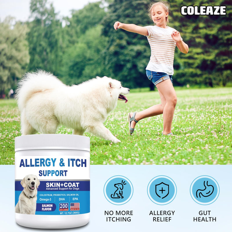 Dog Allergy Chews 200ct, Dog Allergy and Itching Skin Relief Bites Anti-Itch Skin & Coat Supplement Immune Support with Colostrum for Itchy Skin and Itchy Ears Licking Paws for Dogs Seasonal Allergies Salmon